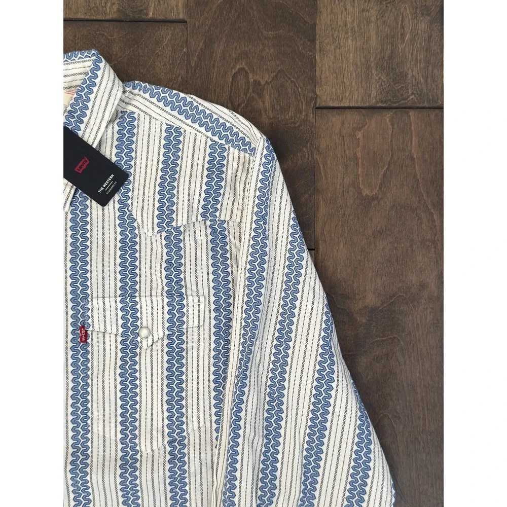 NWT Levis Western Standard Fit Long Sleeve Pearl Snap Shirt Wave Print Blue 2XL